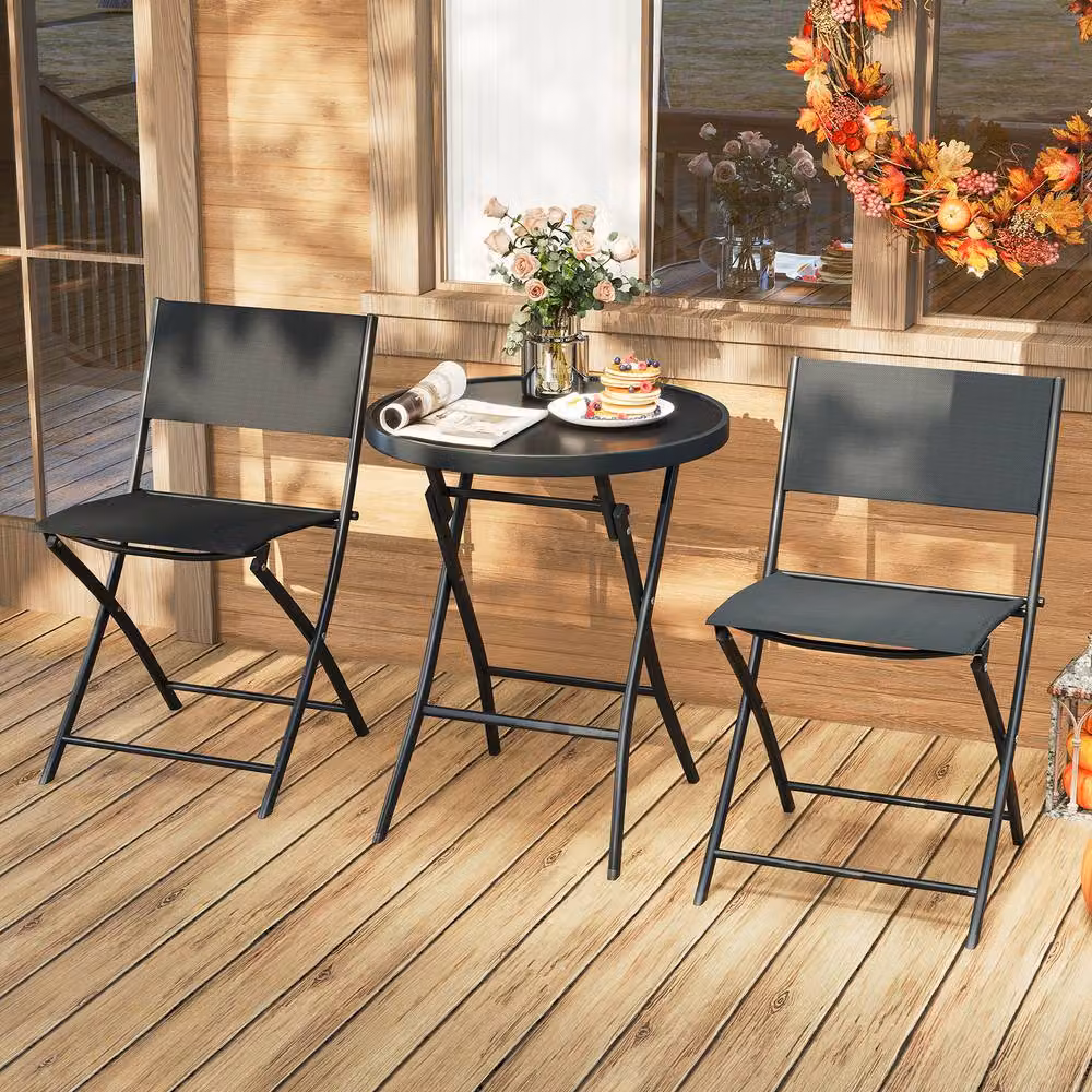Costway 3 Piece Folding Bistro Set with Metal Frame and Glass Top in Matt Black – 8