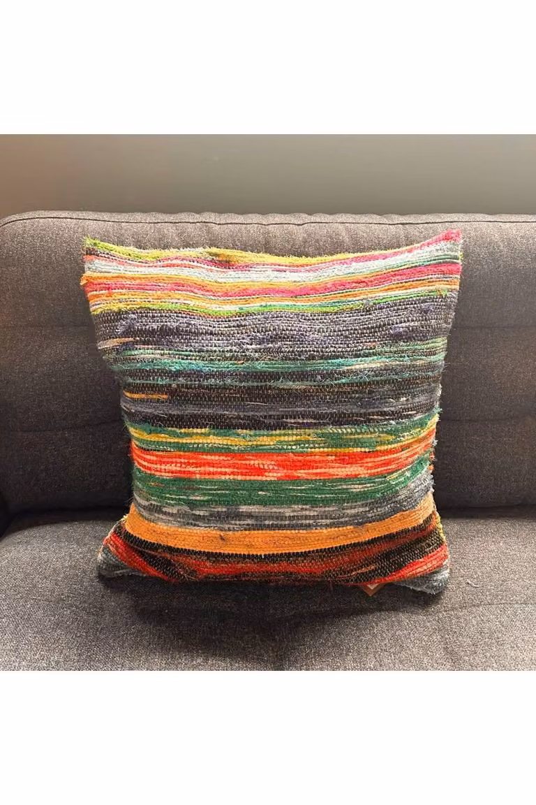 KDMD Green and Multicolour Striped Boho Rag Rug Square Cushion Covers