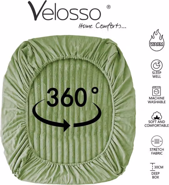 Velosso Plush Supersoft Jumbo Cord Ribbed Fitted Sheet, Olive Green, W/D/H: 90 x 190 x 30 cm