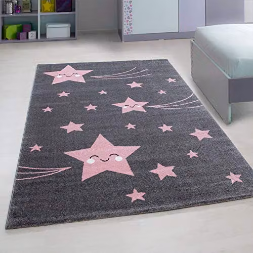 Bravich Pink Stars Kids Rug, W: 160 cm, D: 230 cm, Soft Anti-Allergic Polypropylene Play Mat for Bedrooms and Nurseries – 1