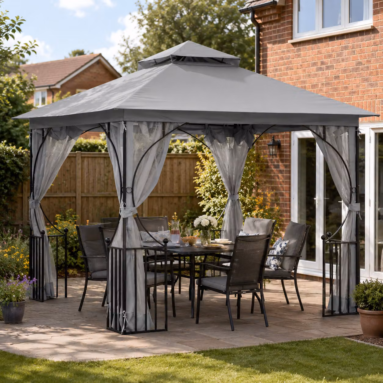 Outsunny Garden Gazebo Patio Party Tent Shelter with Double Tier Sun Shade and Metal Frame, Light Grey, W: 300 cm, D: 300 cm, H: 275 cm – 2