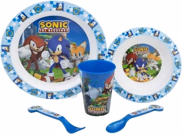 Stor Sonic The Hedgehog 5 Piece Blue Melamine Childrens Breakfast Set, Microwave Safe