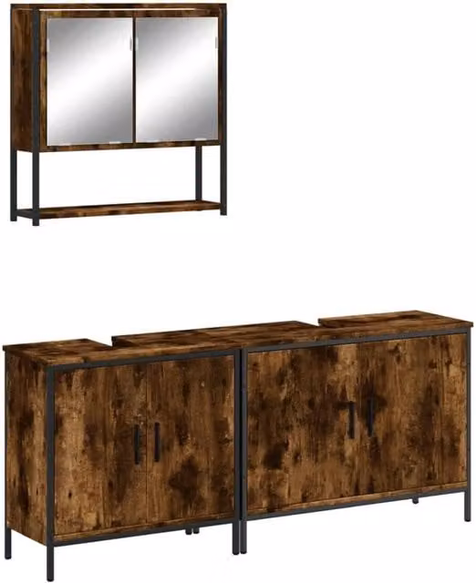 Berkfield Home 3 Piece Industrial Bathroom Furniture Set in Smoked Oak and Brown – 1