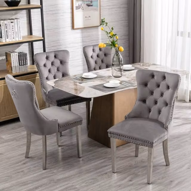 Modern Home Touch Winchester Set of 4 Grey Velvet Upholstered Kitchen Dining Chairs with Silver Chrome Legs – 1