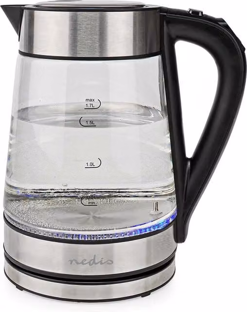 Nedis Smart Glass and Stainless Steel Kettle with WiFi App Control and Limescale Filter, 1.7 l, Silver and Blue