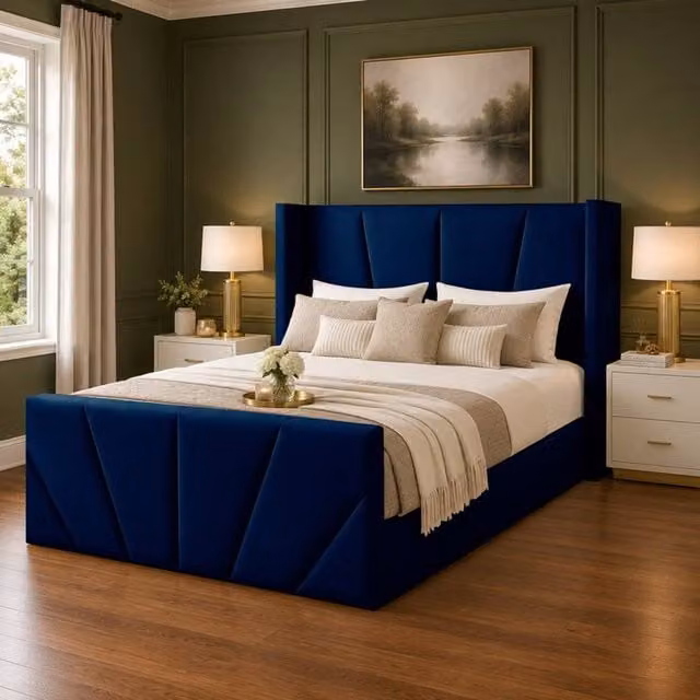 Desire Deco Carson Luxury Blue Velvet Upholstered Wingback Bed Frame, W/D/H: 120 x 200 cm – 1