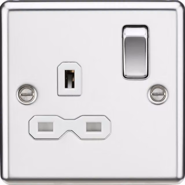 Knightsbridge 13A 1G DP Switched Socket with White Insert, Polished Chrome and Rounded Edges