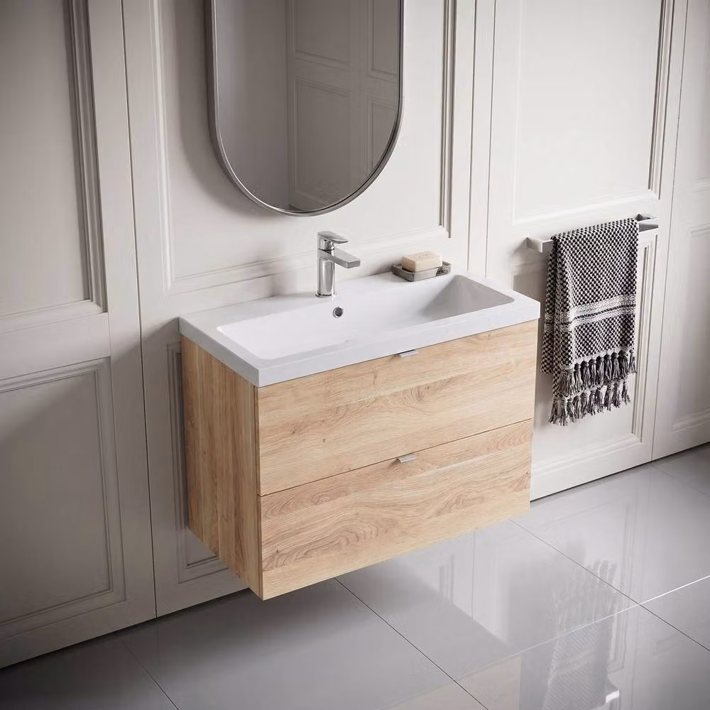 Balterley Alrewas Contemporary 2 Drawer Wall Hung Vanity Basin Unit, Brown Oak, Width: 80 cm – 3