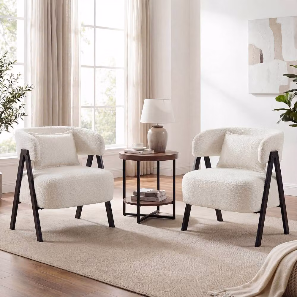 Gymax White Bouclé Barrel Accent Chair with Lumbar Pillow and Metal Legs – 2