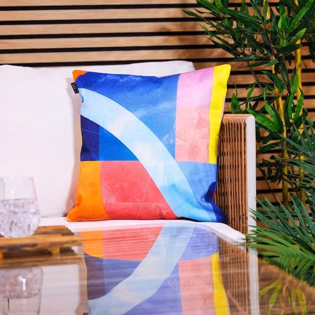 ICON Abstract Waterproof Indoor and Outdoor Square Cushion in Yellow and Blue, W/D/H: 43 x 43 x 43 cm