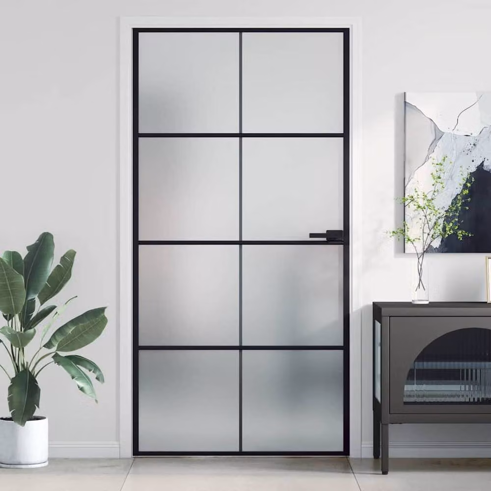 Berkfield Modern Slim Interior Door in Black with Tempered Glass and Aluminium, W: 102.5 cm, H: 201.5 cm – 2