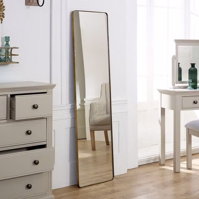 Melody Maison Tall Brushed Gold Thin Framed Wall and Leaner Mirror, W: 42 cm, H: 156 cm