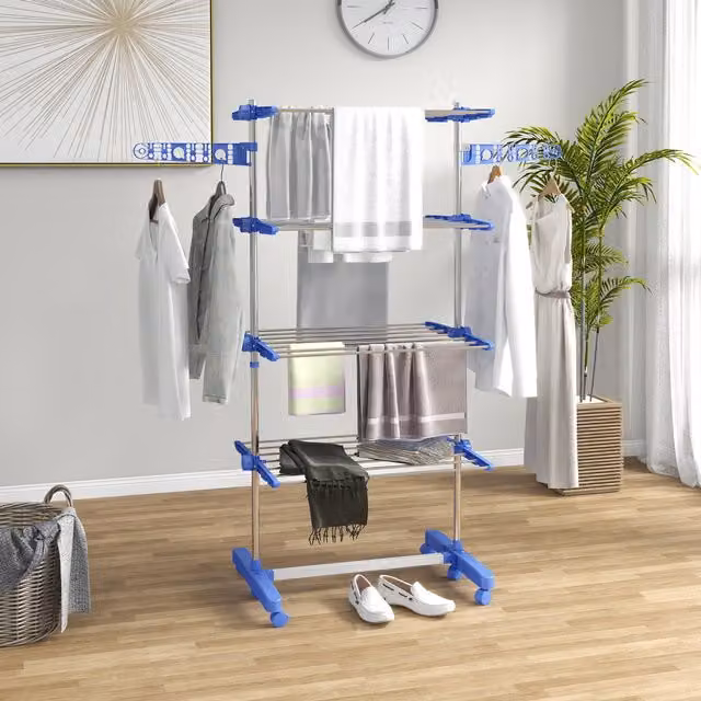 HOMCOM Foldable Clothes Drying Rack with Wing Arms and Wheels, Blue, Height: 172 cm
