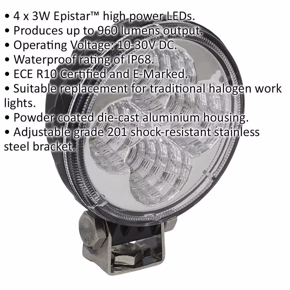 Loops 12W SMD LED Waterproof Round Work Light with Adjustable Mounting Bracket in Black – 2