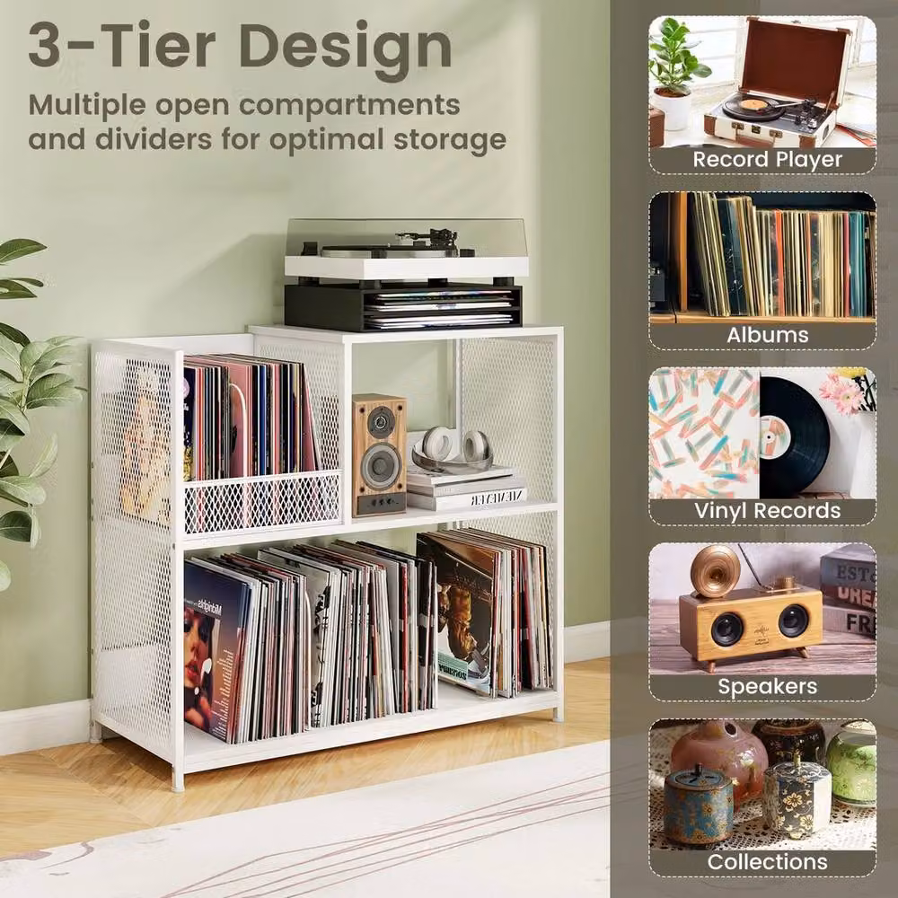 VOGREX 3-Tier White Record Player Stand and Vinyl Display Rack with Media Storage – 3