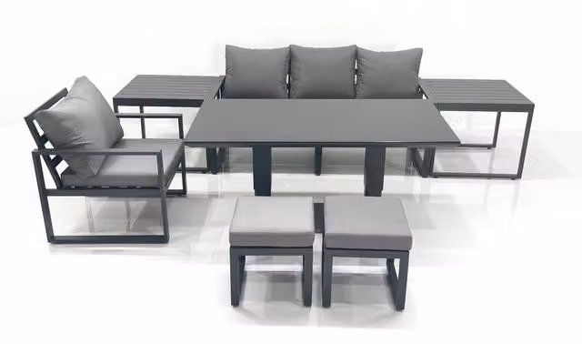 Fimous 6 Seater Garden Sofa Set with Height Adjustable Dining Table, 2 Side Tables and 2 Footstools in Dark Grey Powder Coated Aluminium