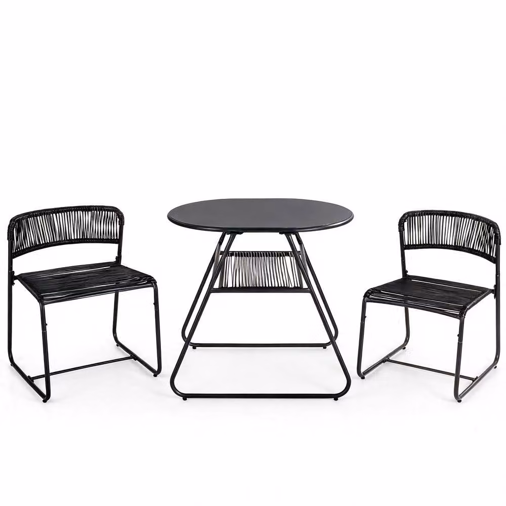Gymax 3 Piece PE Rattan Bistro Set with 2-Tier Coffee Table and 2 Stackable Chairs in Black – 2