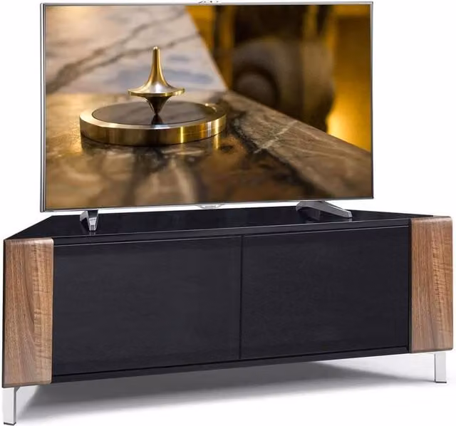MDA Designs CORVUS Modern Black Walnut and Black Corner TV Stand for Flat Screen TVs, W/D/H: 120 x 45 x 48 cm