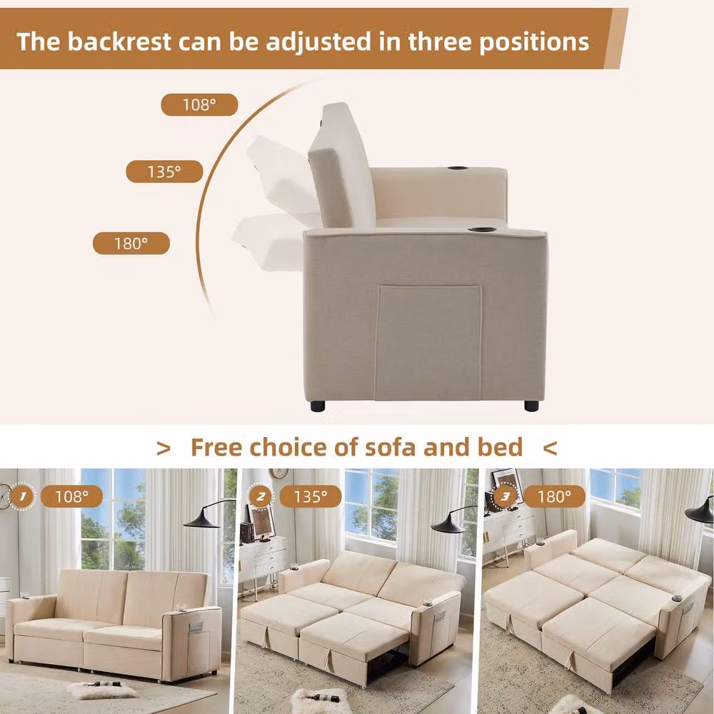 Merax 3-Seater Convertible Sofa Bed in Beige with Pull-Out Drawer and Cup Holders – 2