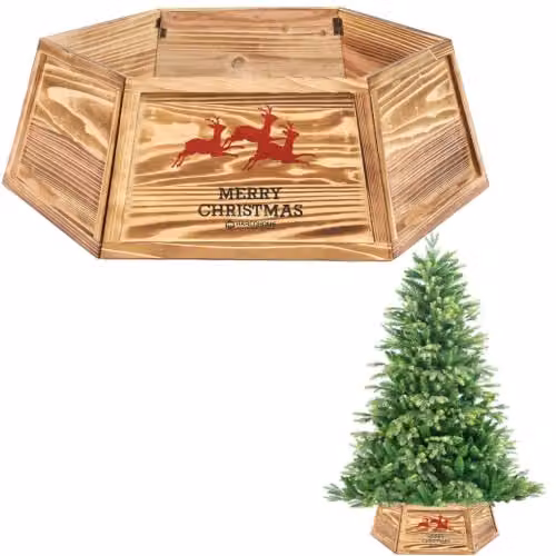 Shatchi Rustic Hexagon Wooden Christmas Tree Collar in Brown and Beige, 80 cm Diameter – 1