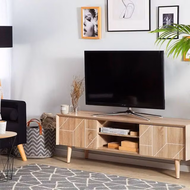 Wyld and Coco Geometric Boho TV Stand in Brown and White, W: 150 cm, H: 51 cm, D: 39 cm