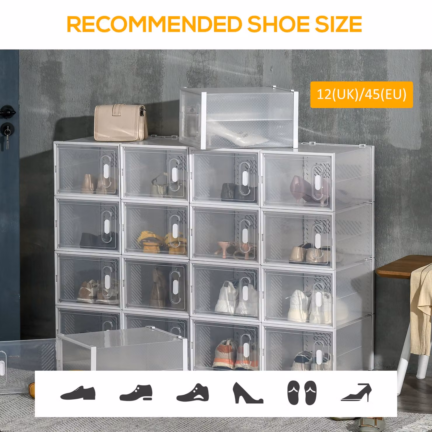 HOMCOM 18-Piece Stackable Transparent Plastic Shoe Storage Box Set with Magnetic Doors for Sizes up to UK 12/EU 46 – 3