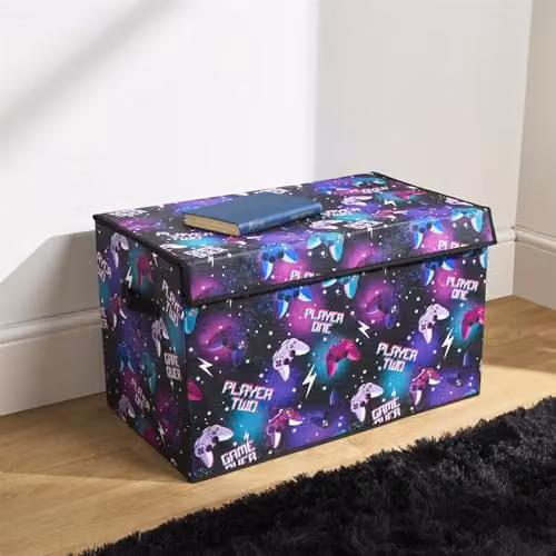 OHS Printed Foldable Fabric Storage Box and Toy Organiser with Lid in Purple, W/D/H: 37.0 x 64.0 x 37.0 cm – 1