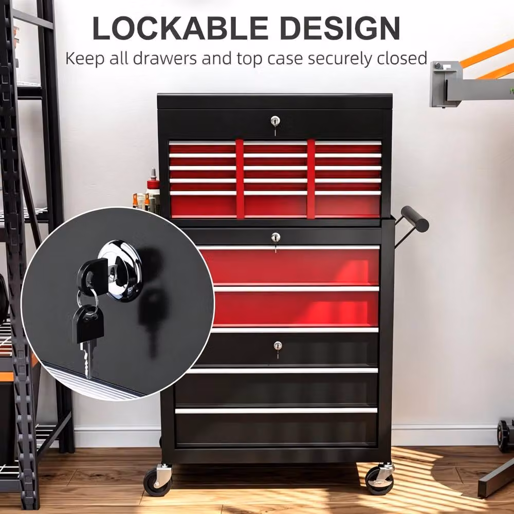 STILVORA 14 Drawer Steel Tool Storage Chest with Wheels, Pegboard and Lockable Feature in Red – 8