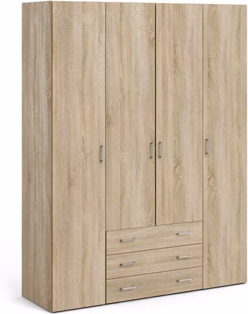 Furniture To Go Space 4-Door 3-Drawer Wardrobe in Oak and Mixed Brown/Beige