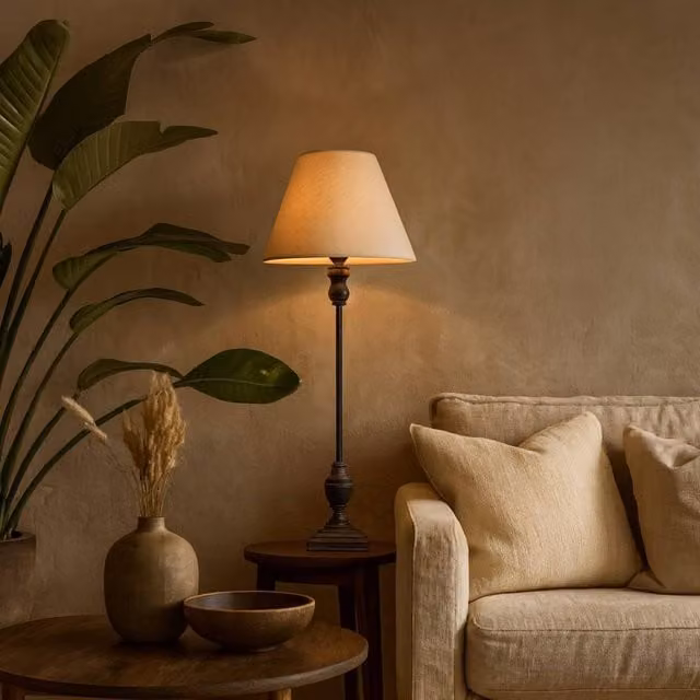 Wyld Haus Mossfern Slim Table Lamp with Grey Washed Wood Stem and Brown Linen Shade