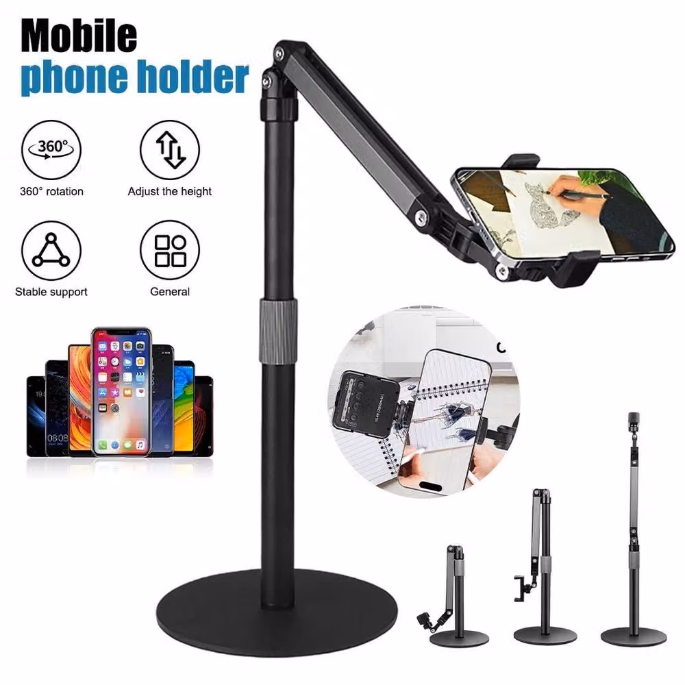 VOGREX Metal Long Arm Adjustable Phone and Tablet Holder in Black – 3