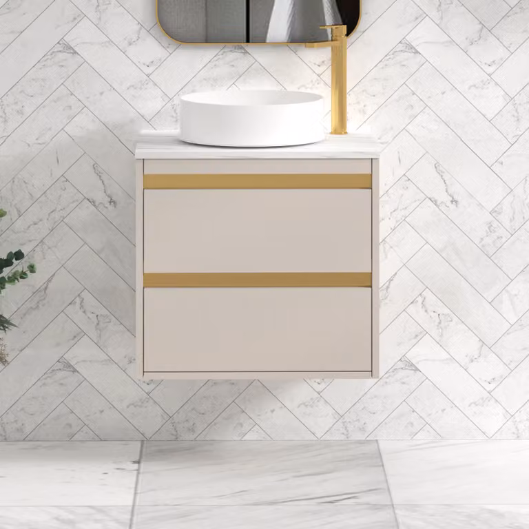 Royal Bathrooms Orion 600mm Wall Hung Vanity Unit in Warm Taupe with Carrara White Undrilled Worktop and Brushed Brass Accent Trim