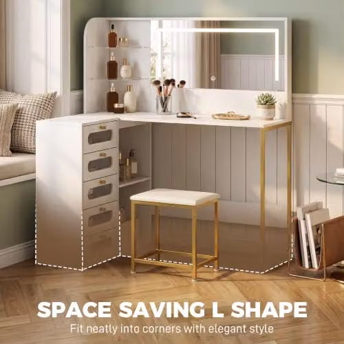 HOMCOM Modern White and Gold Dressing Table with Adjustable LED Mirror and Stool, W/D/H: 120 x 80 x 135 cm – 4