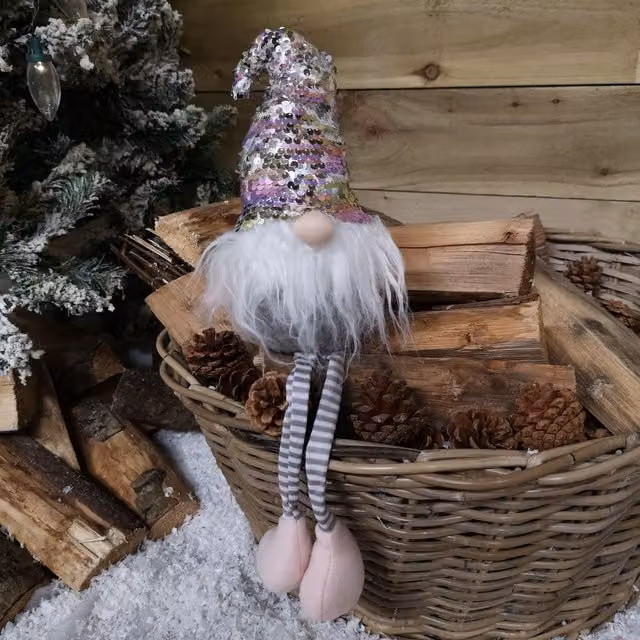 Samuel Alexander Pink and Grey Festive Christmas Sitting Gonk with Dangly Legs and Sequin Hat, Height: 49 cm