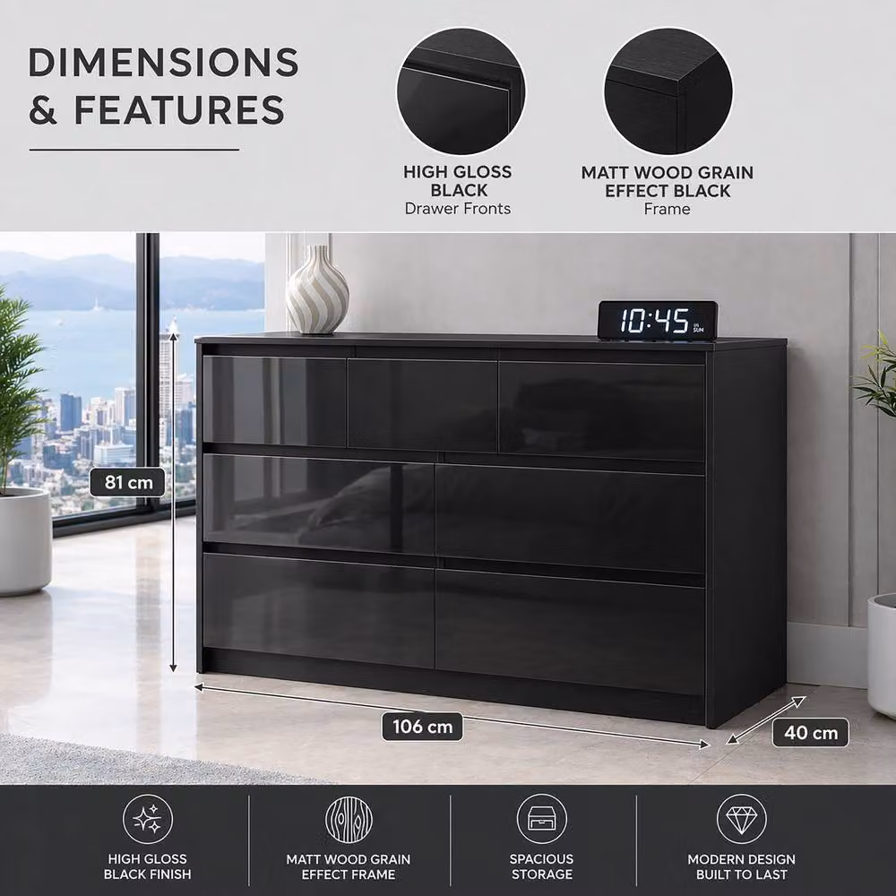 Harmin Luxury Black High Gloss 7 Drawer Handleless Chest of Drawers – 2