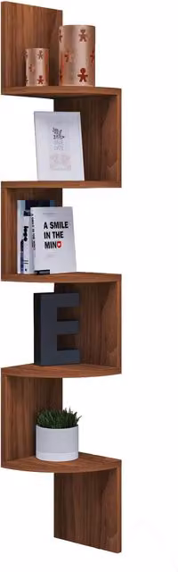 VCM Mintis Walnut Wood Corner Wall Shelf with Back Panel, Brown – 1