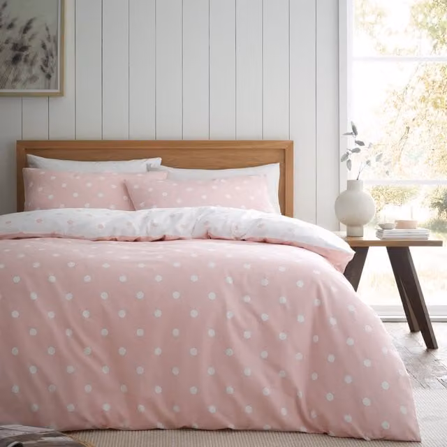 Catherine Lansfield Reversible Pink and White Polka Dot Flannelette Cotton Duvet Cover and Pillowcase Set