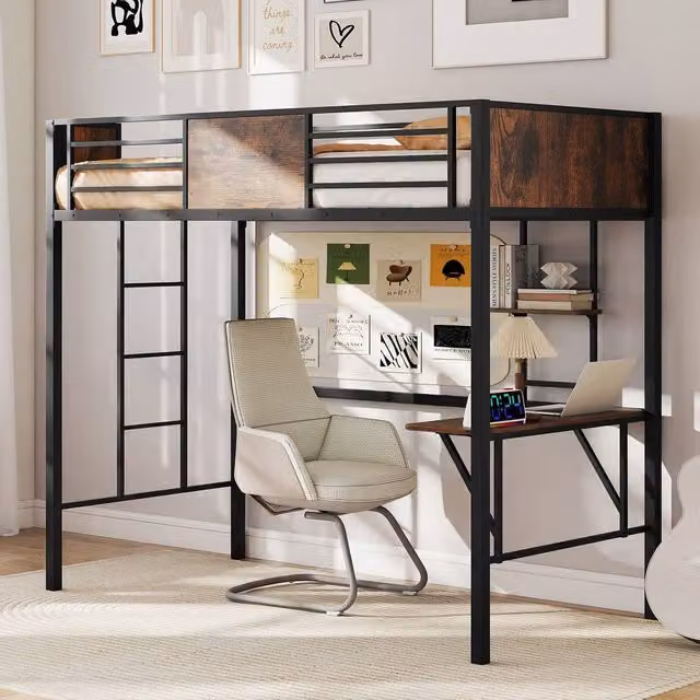 Costway Single Metal Loft Bed with Desk, Shelf and Safety Guardrail in Brown, W/D/H: 200 x 90 x 136 cm
