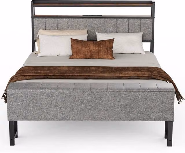 Kelvenix Luxury Grey Fabric Upholstered Bed Frame Set with USB Charging Port and Bedside Shelf, W/D/H: 140 x 200 cm