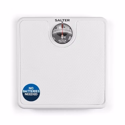 Salter Mechanical Analogue Bathroom Scale in White with Magnifying Lens and 133kg Capacity