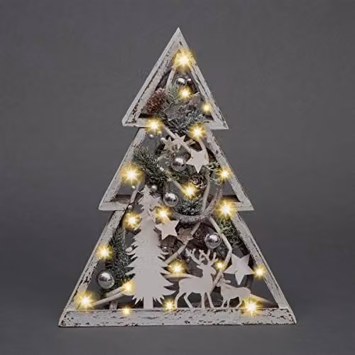 SHATCHI Rustic Wooden Christmas Tree Frame Tabletop Centrepiece with Warm White LED Lights, Pinecones and Baubles in Brown, Silver and White, Height: 43 cm – 1