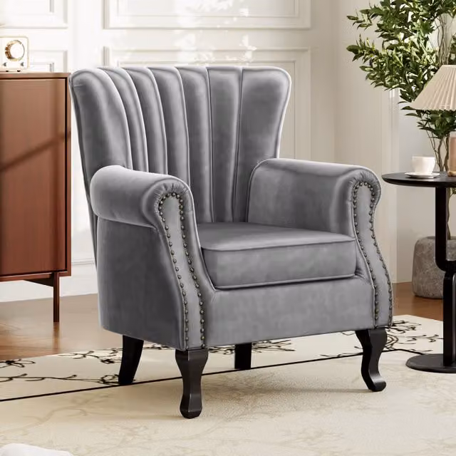 Livingandhome Grey Velvet Upholstered Art Deco Wing Back Sofa with Armrests