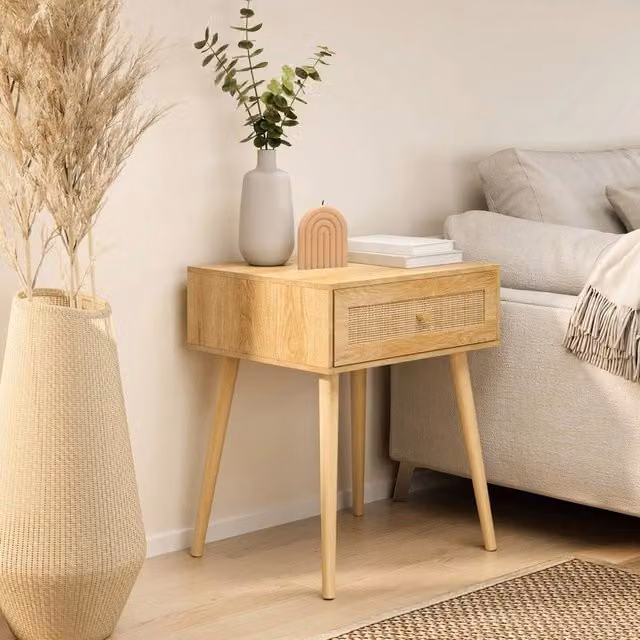 EONLION Bedside Table with Natural Rattan Drawers in Brown and Gold – 1