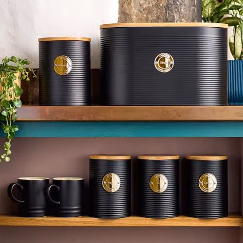 Cooks Professional 5 Piece Ribbed Stainless Steel Kitchen Storage Canister Set with Airtight Bamboo Lids in Black and Gold – 2