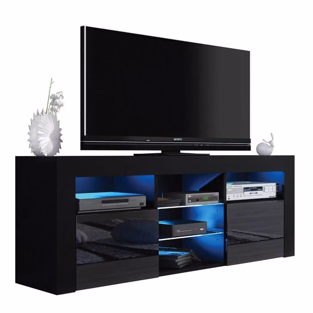 PAWNORA Modern Black TV Unit with Matt Body and High Gloss Fronts – 2