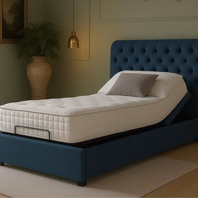 Blue Single Electric Adjustable Button Chesterfield Bed with Matching Headboard, Mattress and Lift Up Base, W/D/H: 90 x 190 cm