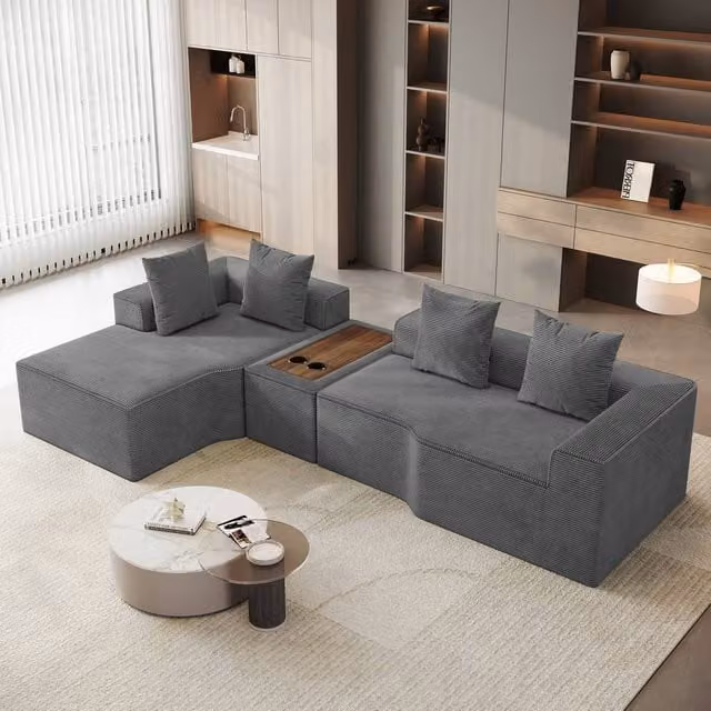 Dprodo Grey Corduroy Left L-Shaped Modular Sofa with Cup Holder Table and Scatter Cushions, 320 cm