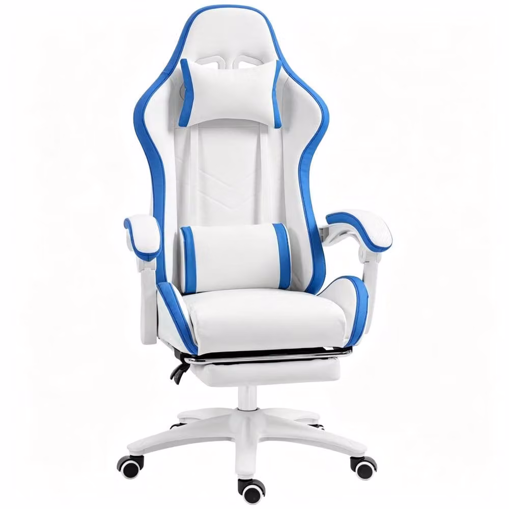 STILVORA White and Blue Gaming Chair with Reclining Back, Footrest, and Headrest – 3