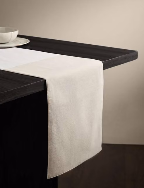 M&S x Kelly Hoppen Woven Banded Table Runner in White Cotton and Half Linen