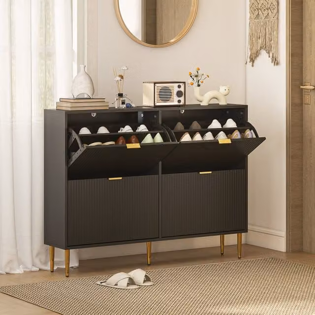 HOMCOM Slim Modern Shoe Storage Cabinet with 2 Tilting Drawers in Black and Gold